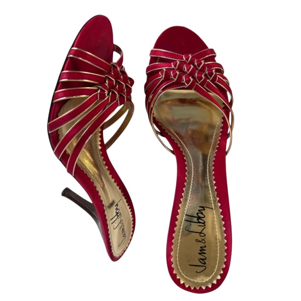 Sam & Libby Red/Gold Crisscross Christmas Holiday Strapless Heels Size 6.5 - Picture 4 of 8
